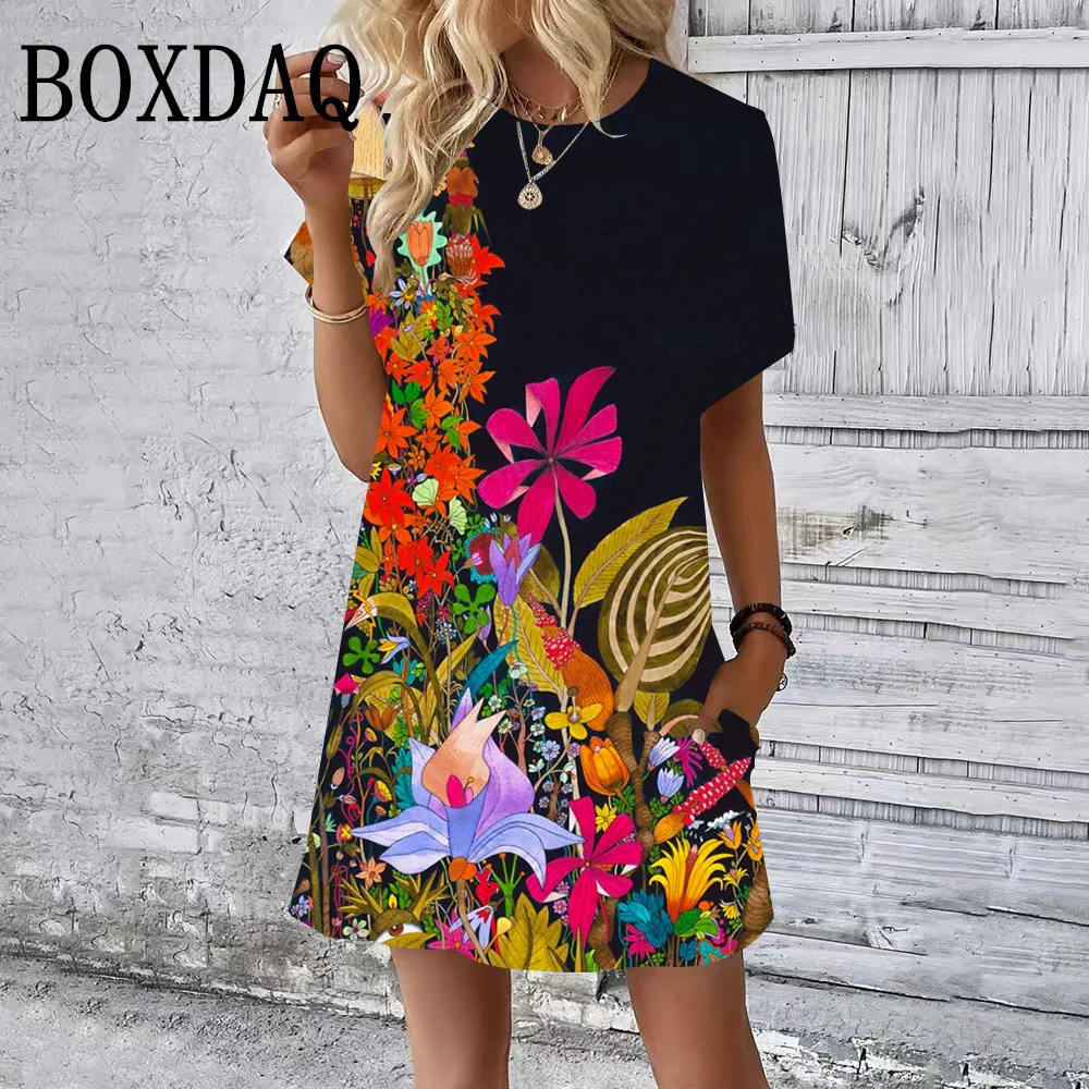 Summer Short Sleeves Dresses Classy Women Dress Loose A-Line Dress Vintage Floral Plant Print Woman Clothing Casual Round Collar