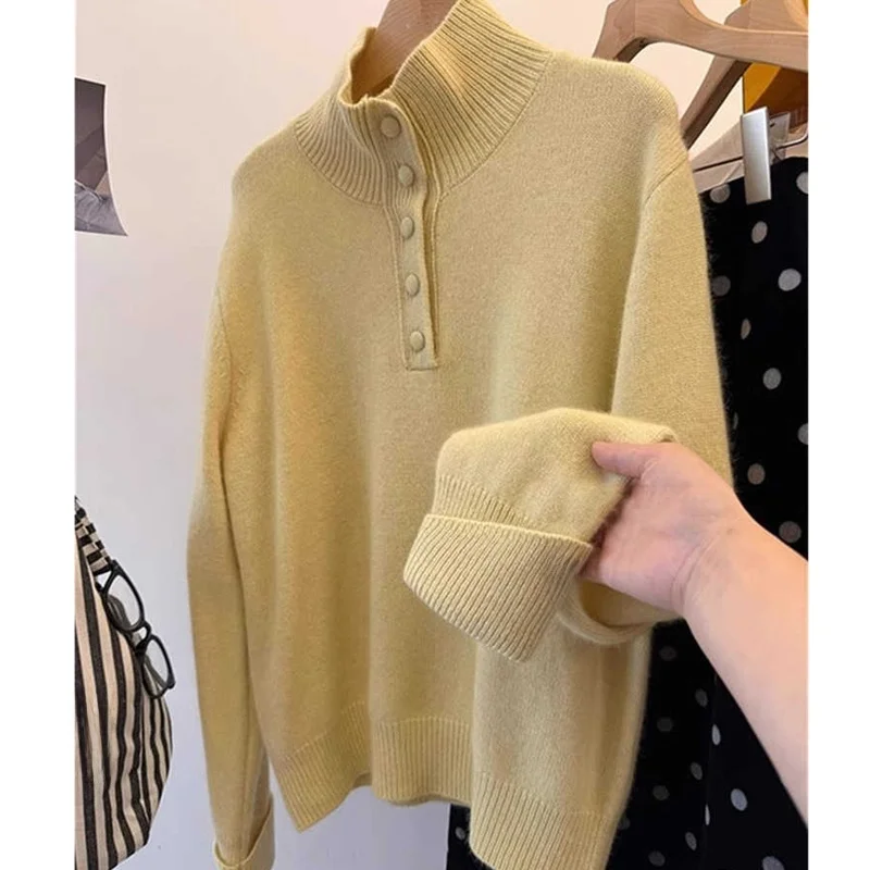 

Korean Style High Collar Short Loose Women's Knitted Sweater Inner Wear Spring Autumn Season Commute Fashion Straight Body Type