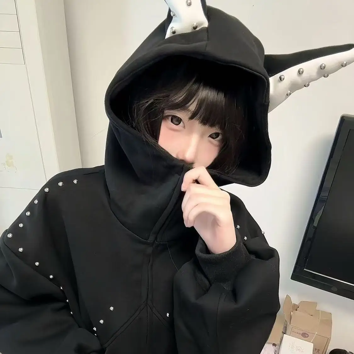 เสื้อฮู้ดซิปสไตล์ฮิปฮอปสตรีทแฟชั่น ดีไซน์หมุดหูใหม่ ทรงหลวม ใส่ได้ทั้งผู้หญิงและผู้ชาย