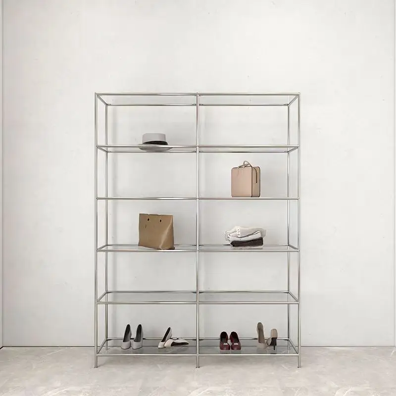 Stainless steel wall multi-layer shelf clothing store display rack shoes bag display rack tempered glass display rack