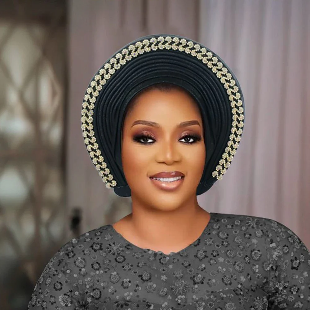 لامعة الماس قبعة عمامة للنساء جاهزة الأفريقية السيارات Gele ربطة الرأس نيجيريا الزفاف Autogeles رئيس التفاف الحجاب بونيه خوذة