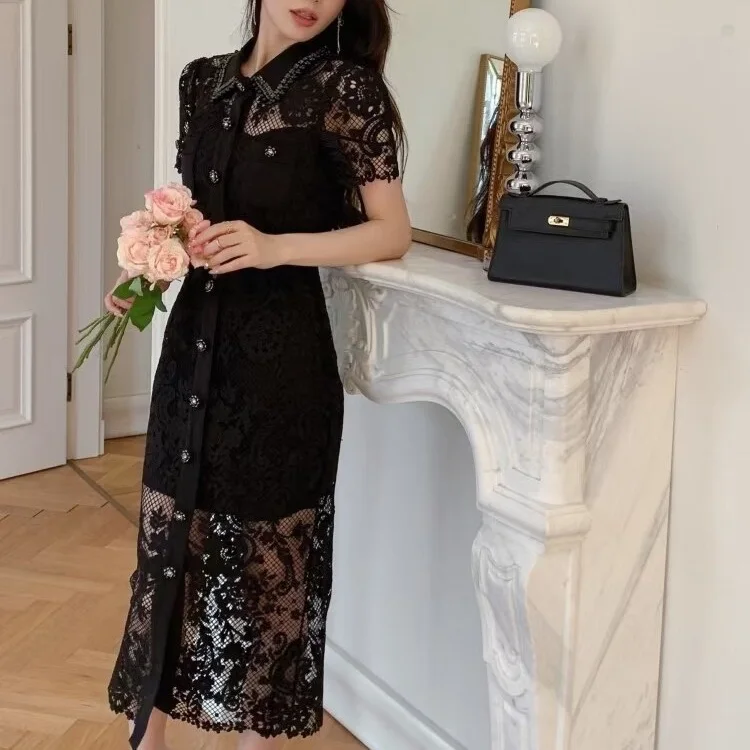 

2023 new lady midi dress short sleeve fashion temperament Women Black embroidered long dress
