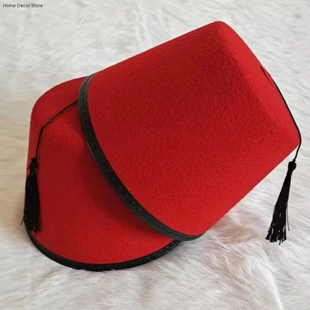 Round Felt Fez Cap Breathable Moroccan Hat Tarboosh Fez Hat Cosplay Ottoman Turkish Tassels Cap Festival Supplies