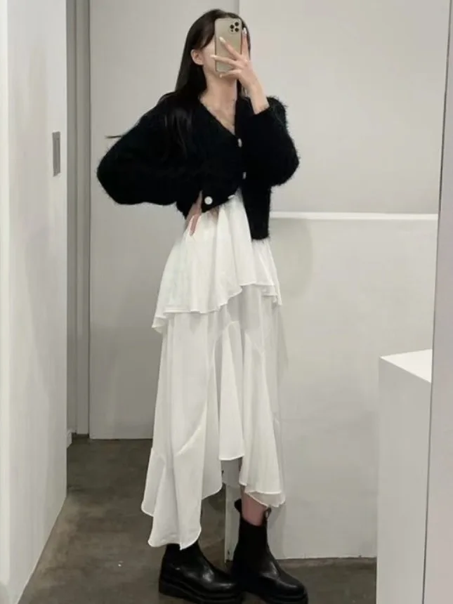 E verão com decote em v emenda dupla camada de renda underlay chiffon cinta vestido moda fena frou frou saia vestido