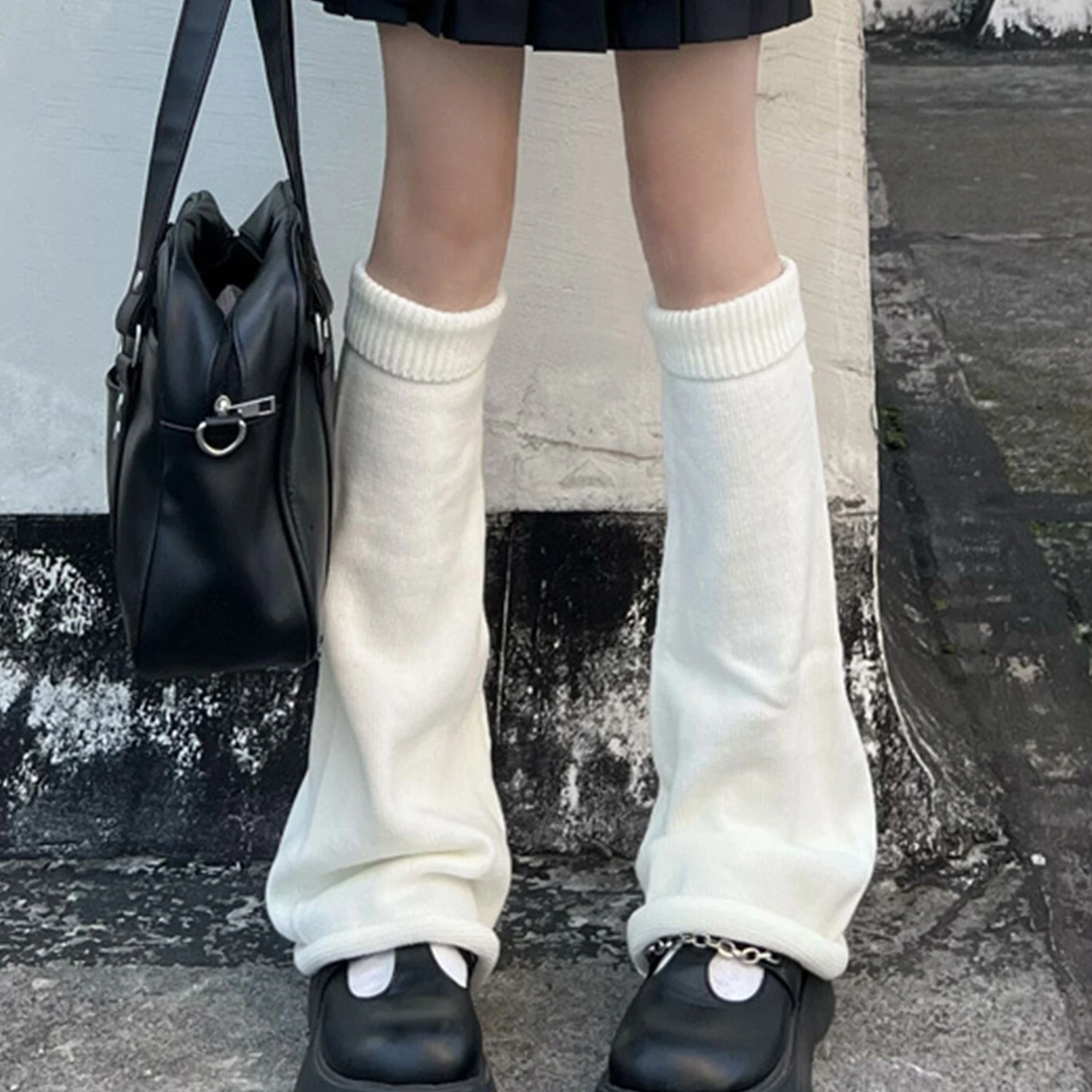 Gothic Damen Süße Y2k Einfarbig Dehnbarer Strumpf Harajuku Ausgestellte Beinwärmer Gestrickte Stiefel Abdeckung Jk Uniform Socken Leggings – Detail 2