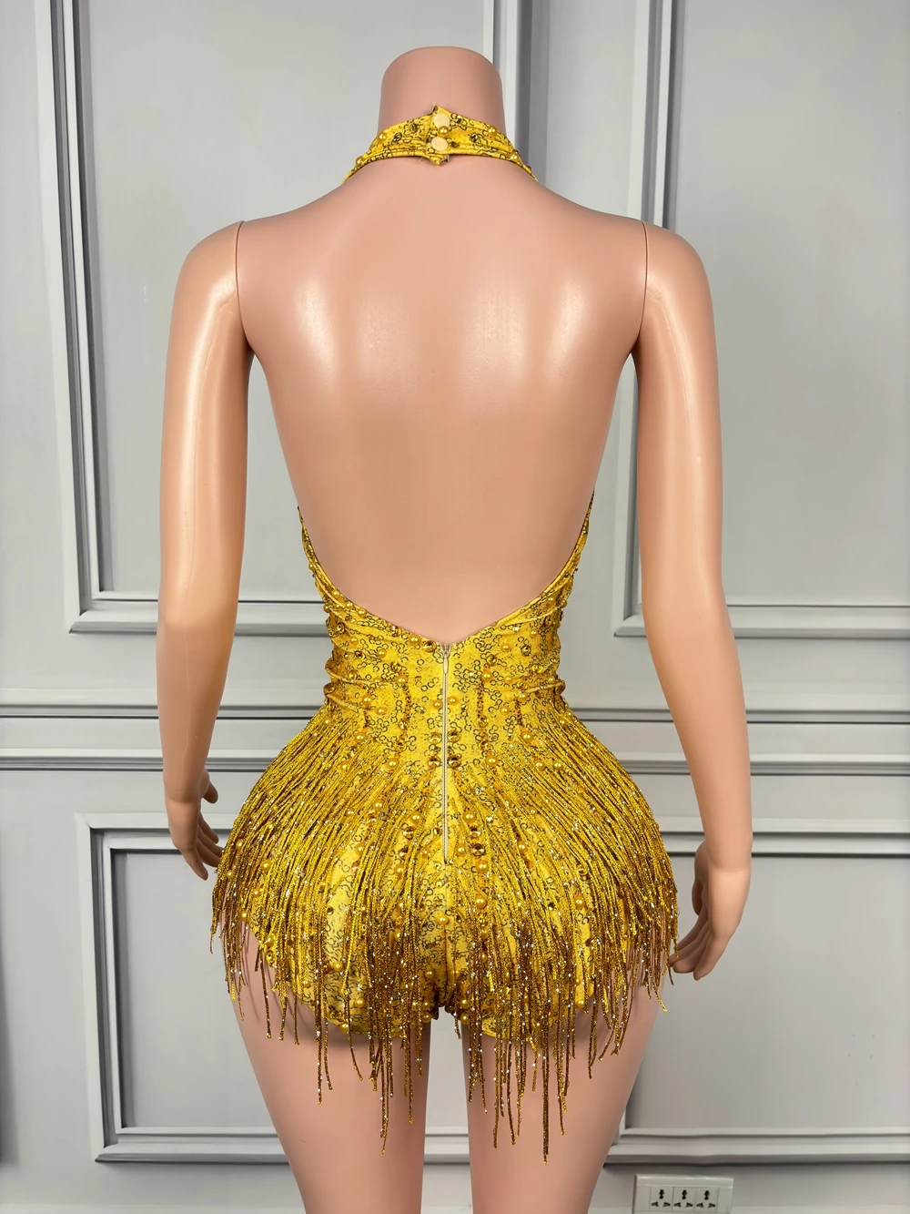 Sparkly Gold Rhinestones Pearls Fringes Bodysuit Women Sexy Deep V Neck Dance Costume Dancer Performance Stage Wear Club Outfit