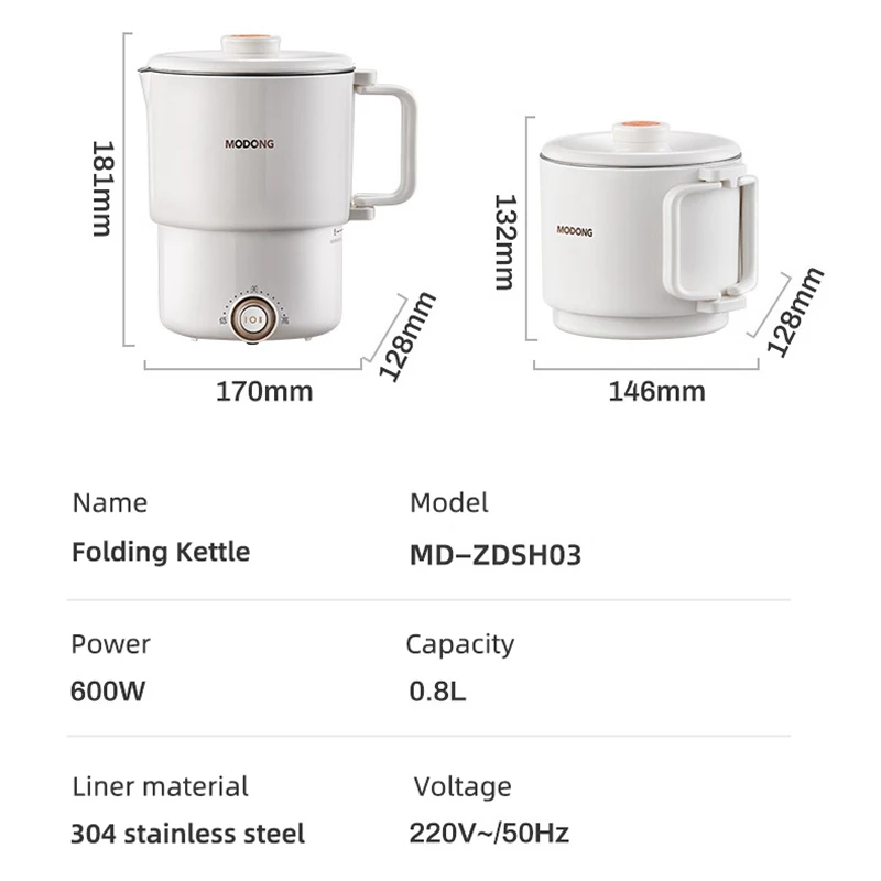 800ml Folded Electric Kettle Portable Cooking Pot Multicooker Travel Kettles TeaPot Heating Cup 304 Stainless Steel Slow Cooker