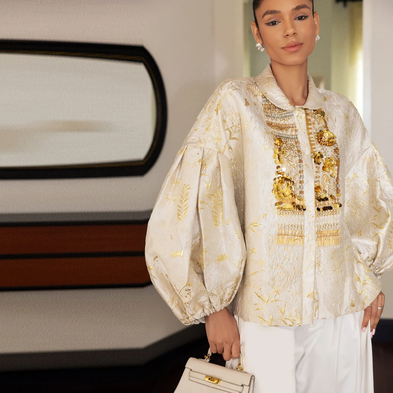 

Retro Artistic Lantern Sleeve Gold Wealthy Jacket Handmade Beaded Heavy Work Silk Top for Women Autumn Season 2025