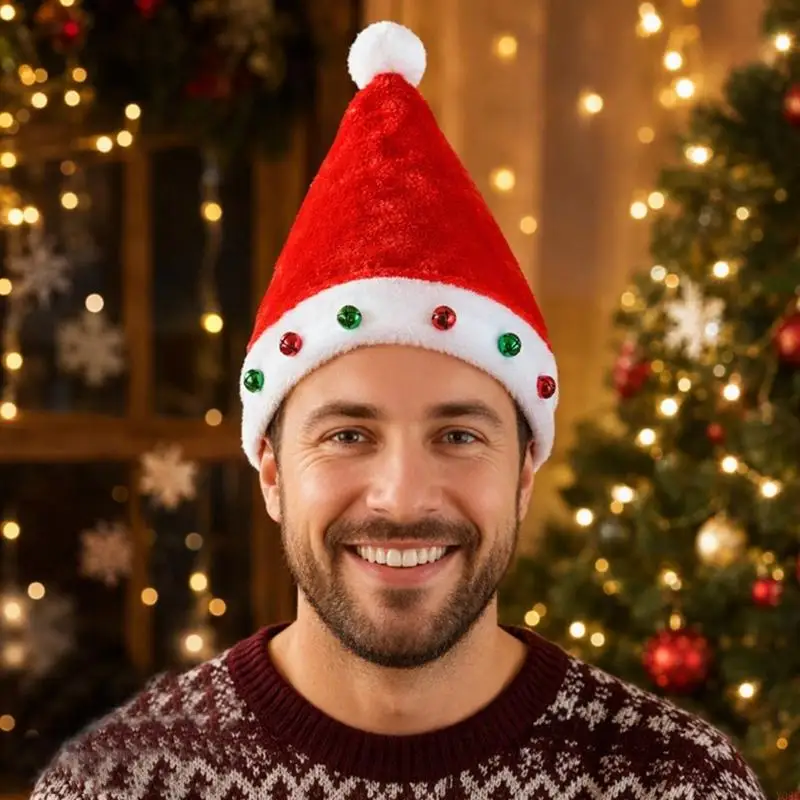 Red Knitted Holiday Headwear with Sewn Bells That Respond to Each Step at Christmas Parties and Games Y08E