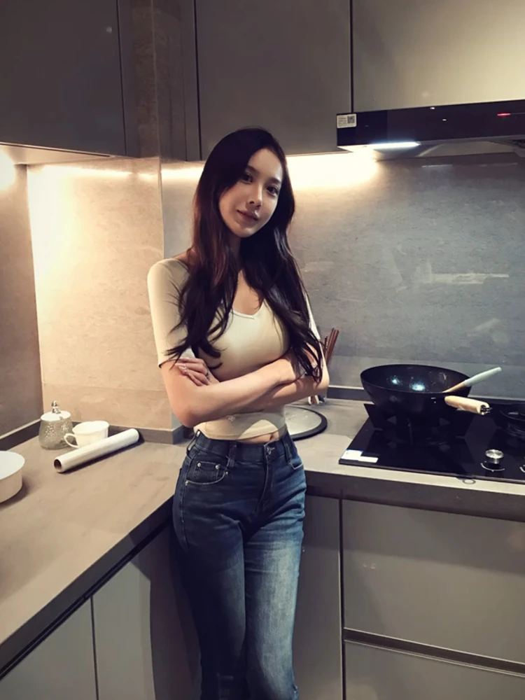 

Slimming Straight Leg Jeans High Waist Nine Points High Hip Beautiful Women's Simple Match All Cotton Stretch Denim Blue Jeans