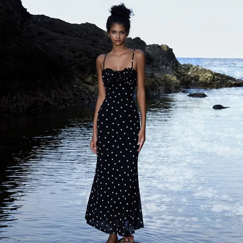 

Black Polka Dot Beach Dress Women Elegant Spaghetti Strap Slim Maxi Dresses Summer Sexy Backless Holiday Party Dress 2024