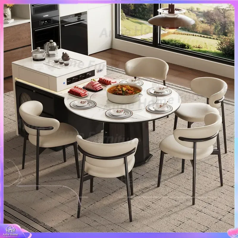 Italian Sintered Stone Dining Table Telescopic Island with Induction Cooker Modern Extendable Kitchen Counter for