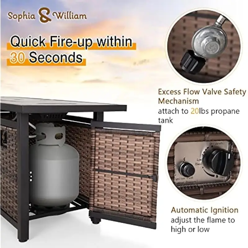 56 Inch Rectangular Outdoor Gas Fire Table with Wicker Finish | Propane Powered Heat Source | 50000 BTU Output | Dual Function D