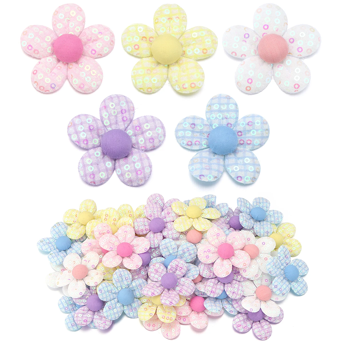 10Pcs 4.7cm Gingham Flower With Button Sequin Appliques For Clothes Hat Sewing Supplies DIY Headwear Hair Clip Bow Decor Patches