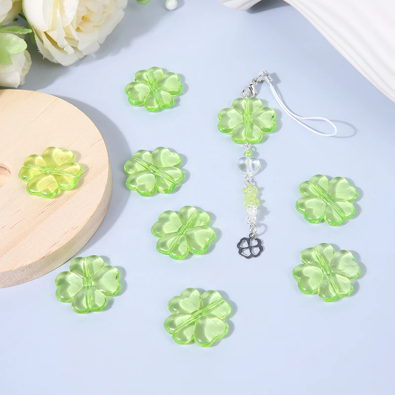 10pcs fresh style acrylic green lucky clover suitable for DIY phone chain key chain handmade accessories
