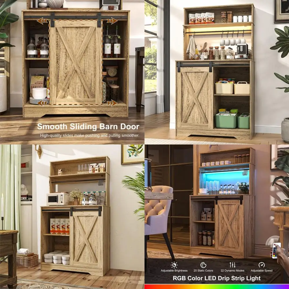 

LED-Illuminated 55 Coffee Bar Cabinet with Storage, 6-Hook Hutch, Sliding Barn Door for Living/Dining Spaces in Natural Wood
