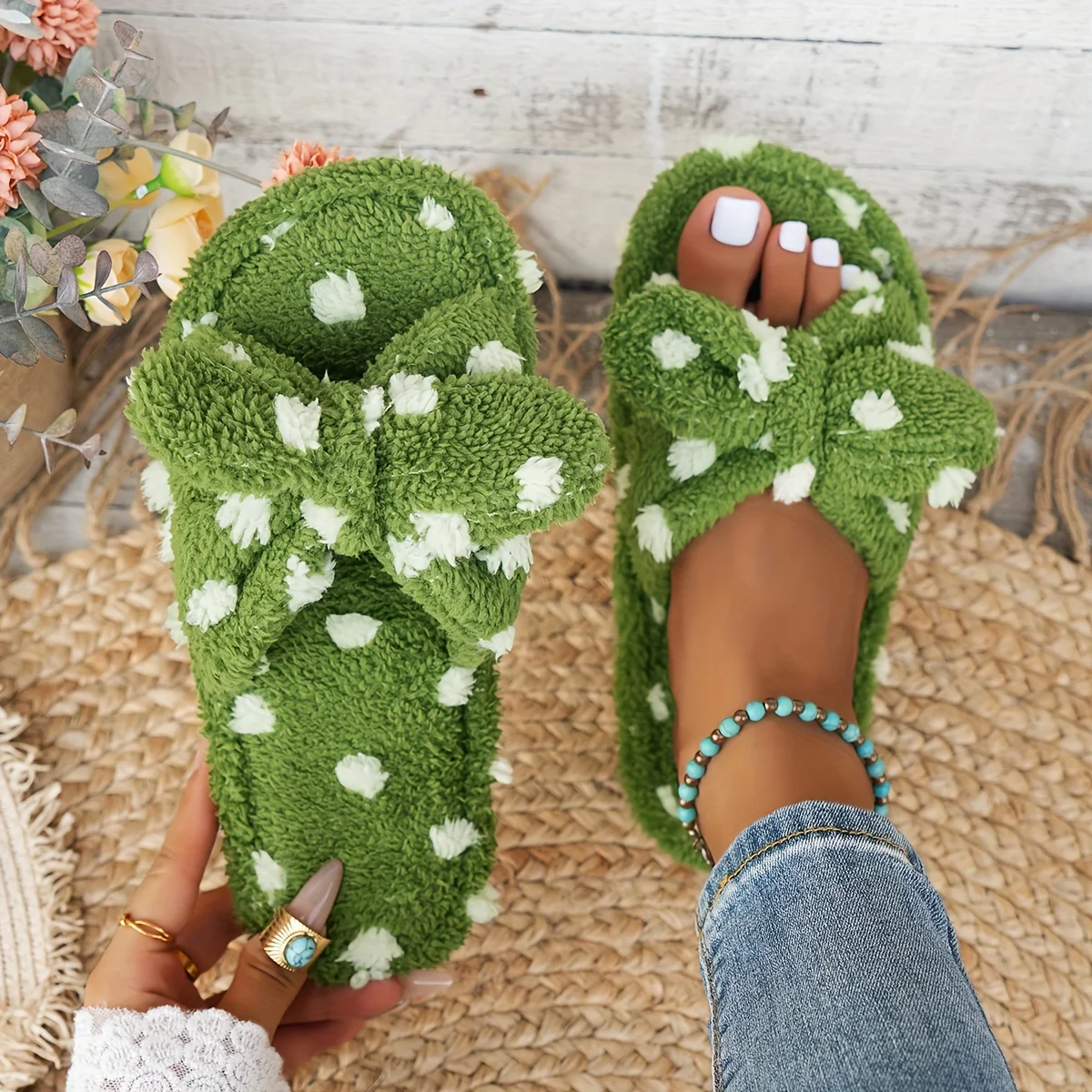 

Polka Dot Slippers with Bow - Warm Plush House Shoes, Soft Fabric & EVA Sole. Hand Washable for Spring/Fall.