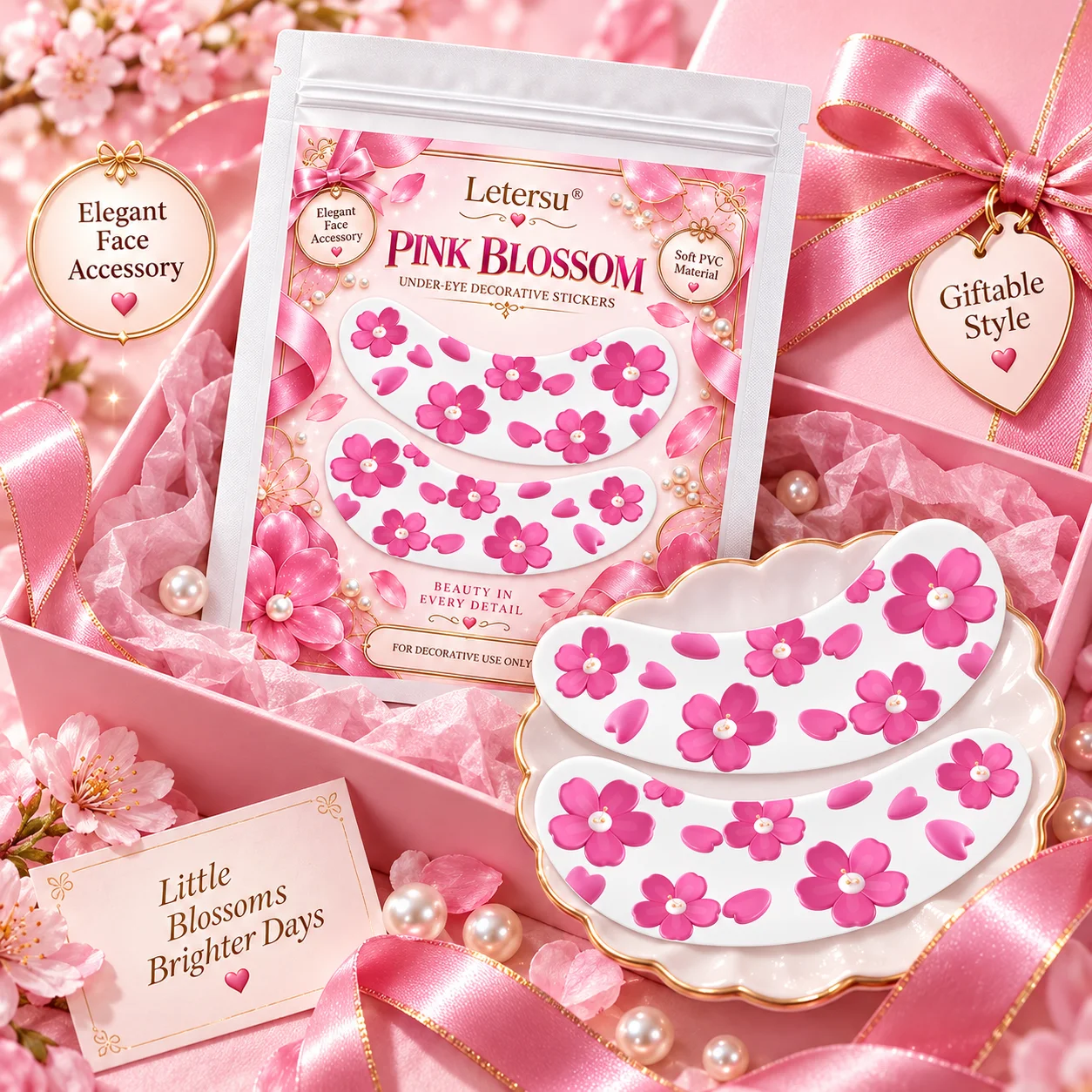 4PCS Pink Cherry Blossom Under Eye Stickers, Cute Sakura Eye Patches, Floral Face Makeup Accessories for Women, Party Photos