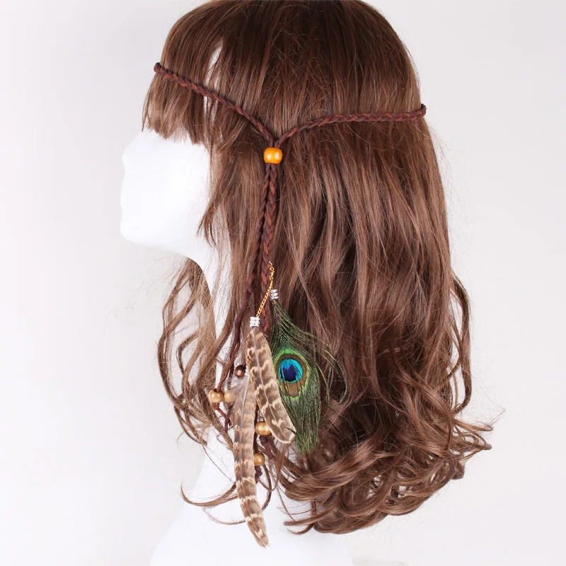 

5 шт./лот, повязки на голову с индийскими павлиньими перьями для женщин, аксессуары для волос ручной работы с деревянными бусинами
