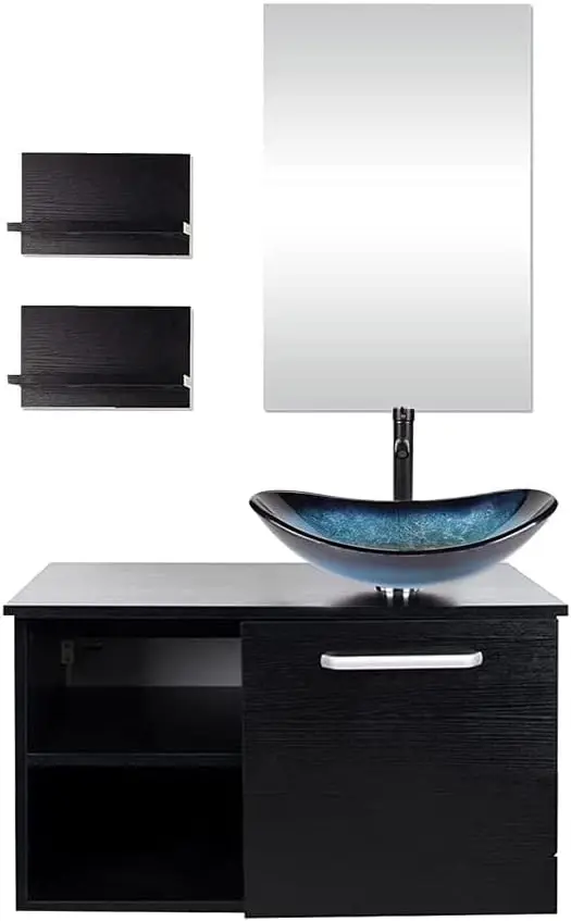 Mounted Bathroom Vanity Modern Lavatory Wood Cabinet with Mirror Blue Boat Tempered Glass Sink Combo Vanities Set