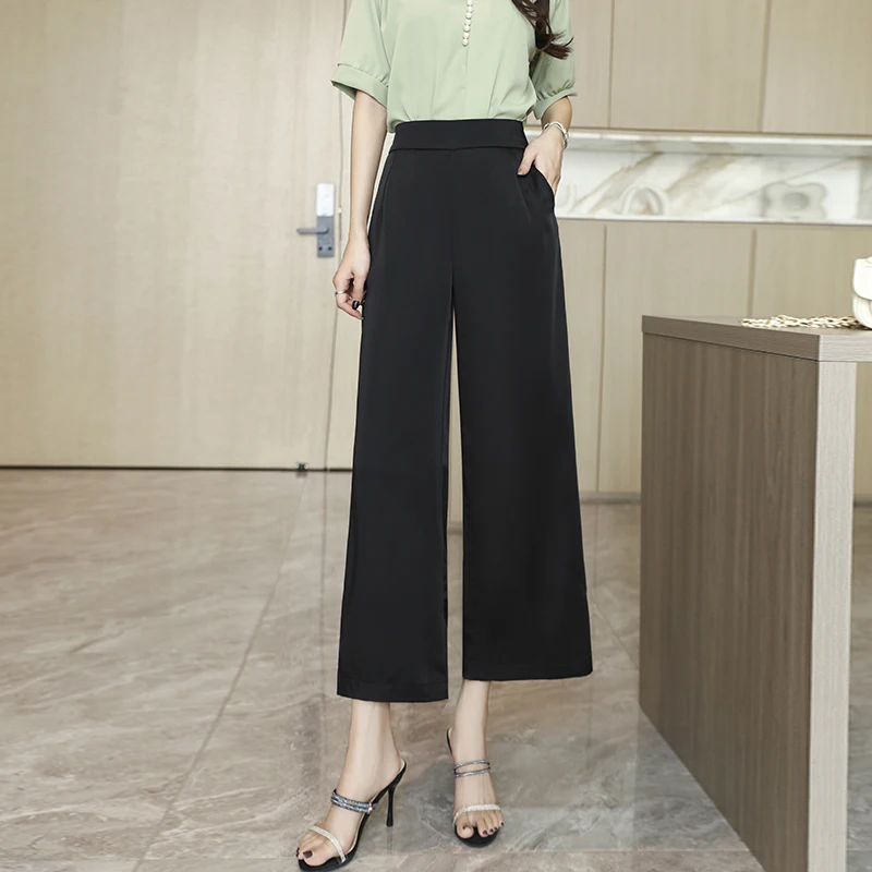 

Spring Autumn Satin Silk Straight Pants Women Wide Leg Pants Elegant Elastic High Waist OL Business Work Ankle-Length Pants