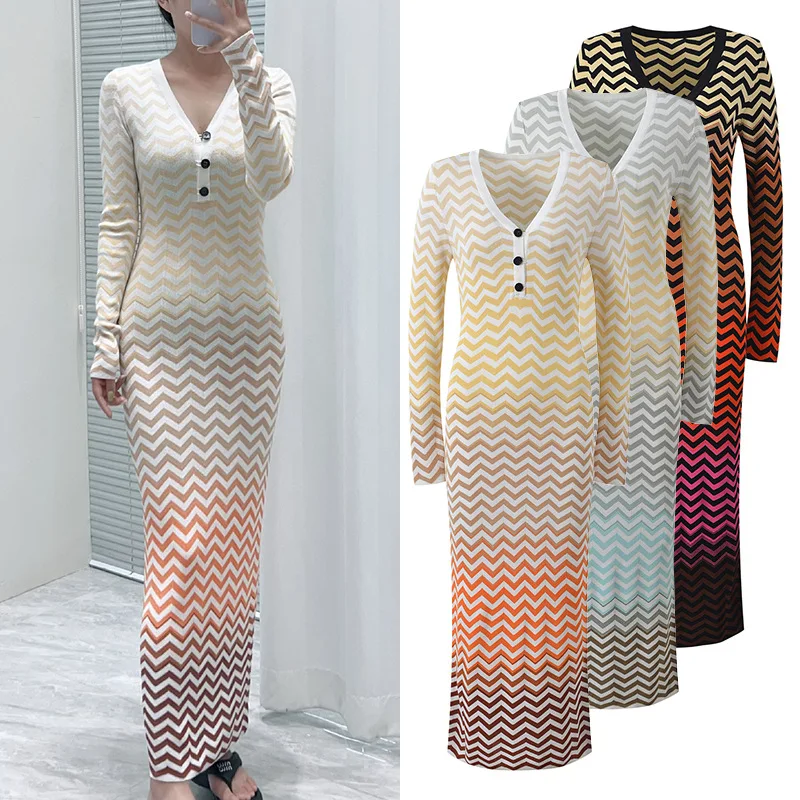 

Fall 2025 Ele adient Color Wave Pattern Slimming Long Sve V-Ne Dr Faionable Commute Sle Bodycon Gown