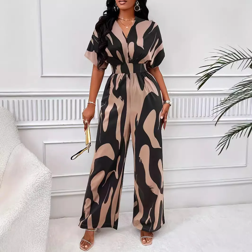 Women Jumpsuits One Piece Wide Leg Pants Print Short Sleeves V Neck High Waist Floor Length Trousers Office Lady Summer 2025