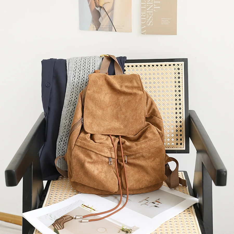 Women Suede Flip-top Backpack Commuter Female Shoulder Bag Sac a Dos Casual Lady Drawstring Bagpack Mochilas Rucksack School Bag