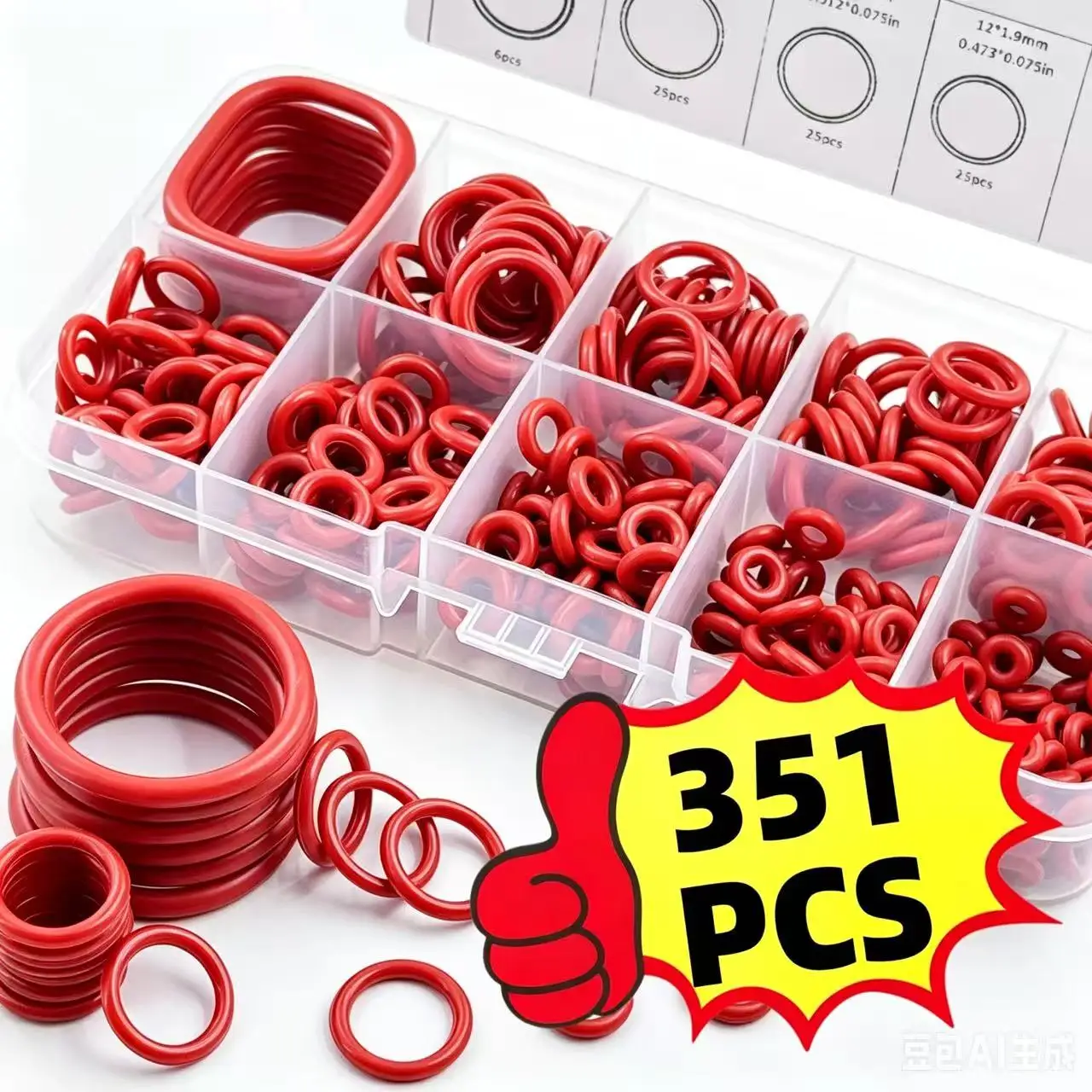 351pcs Silicone O-Ring Set, 10 Sizes, Oil and Heat Resistant, Suitable for Cars and Pipelines