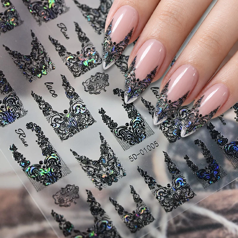 Gotischer Retro-Eleganter Spitzen-Nagelkunst-Aufkleber Schwarz-Weiß V-förmiges Französisches Spitzen-Design Nagelsticker Selbstklebender Spitzen-Nagelslider