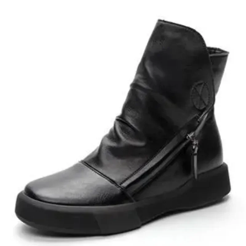 

Винтажные женские ботинки из натуральной кожи 3,5 см, модные однотонные черные ботильоны на плоской подошве с боковой молнией для женщин, зимние теплые ботинки, обувь