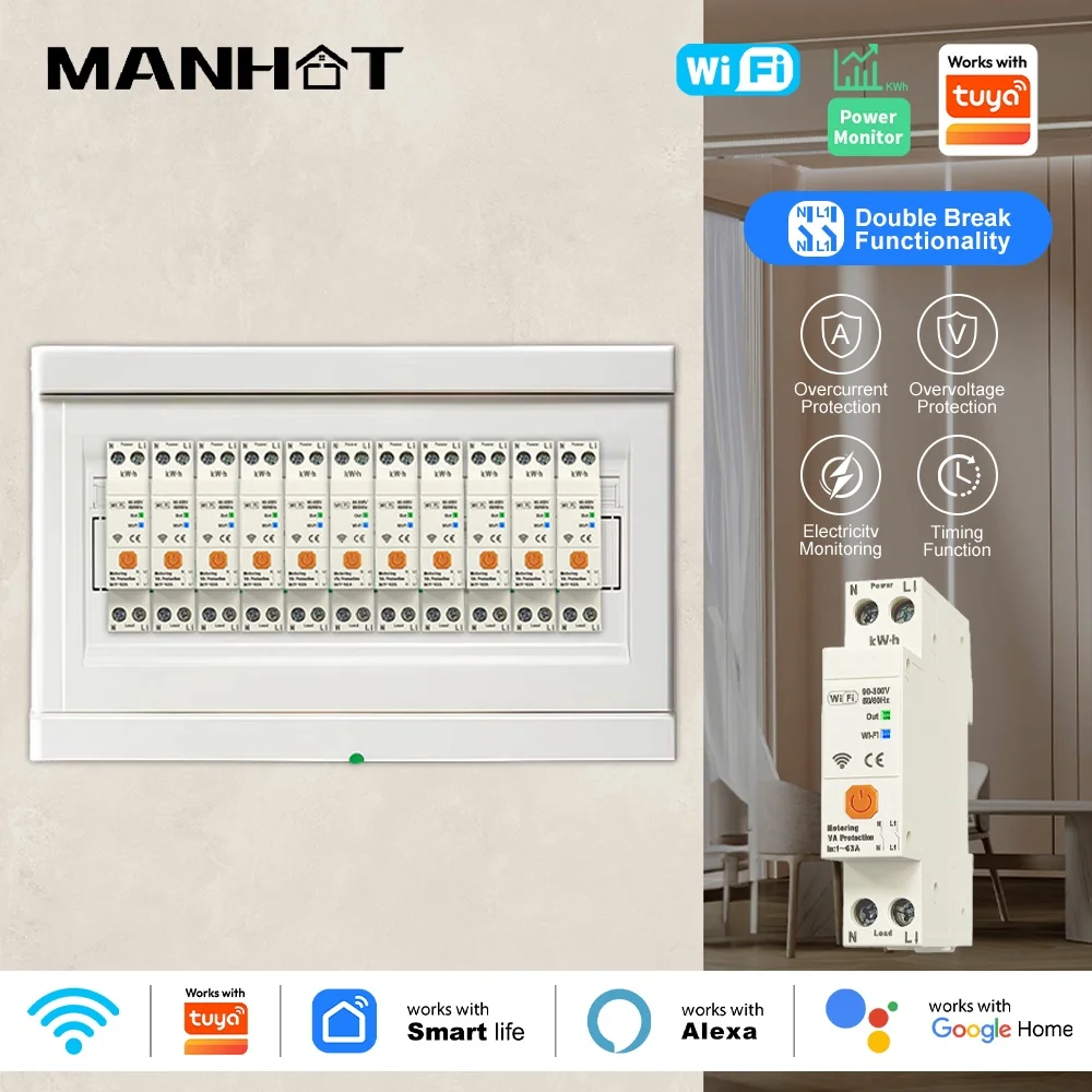 Manhot Smart WiFi Circuit Breaker 1P 63A Double Break Energy Meter Kwh Metering Overvoltage Undervoltage Overcurrent Protection