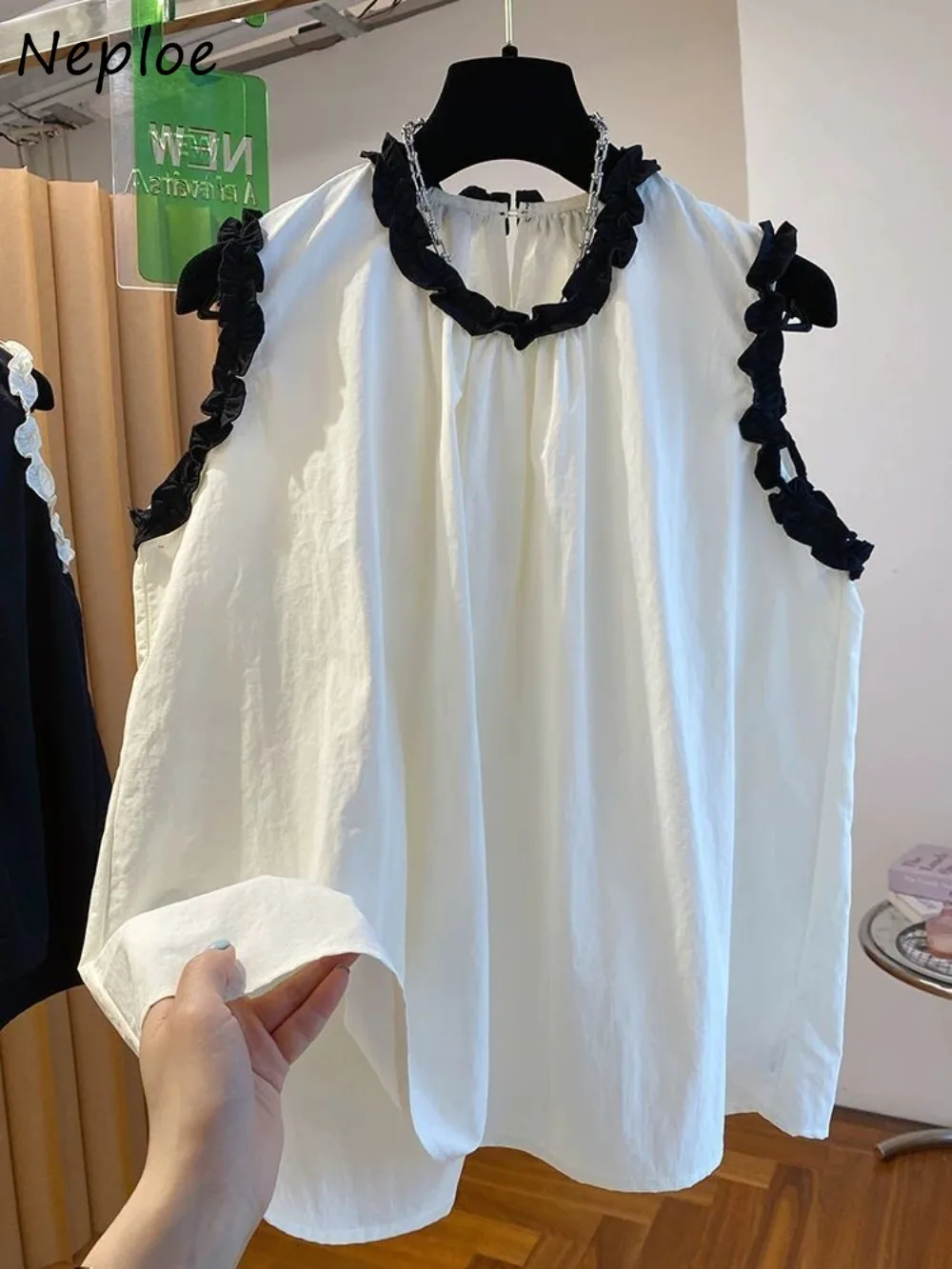 

Neploe Simple Office Lady Loose Fungus Shirt Pullover Casual Solid Fresh Soft Korea Sleeveless Blusas Western Sweet Literary Top