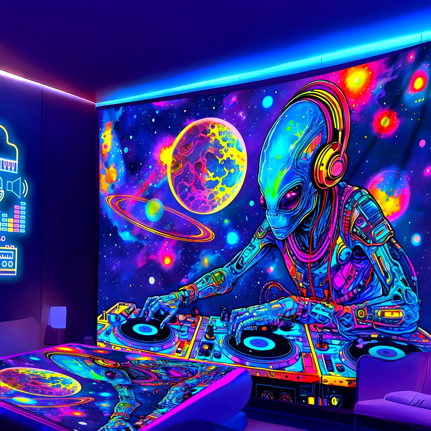 VIKAMA Psychedelic Alien DJ Tapestry UV Reactive Blacklight Wall Hanging for Party Room Trippy Cosmic Space Home Decor