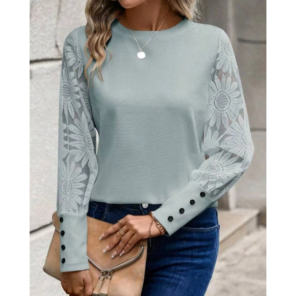 Elegante Vrouwen Pure Mesh Contrast Bloemenpatroon Top Mode Casual Knopen Decor Lange Mouw Ronde Hals Blouse