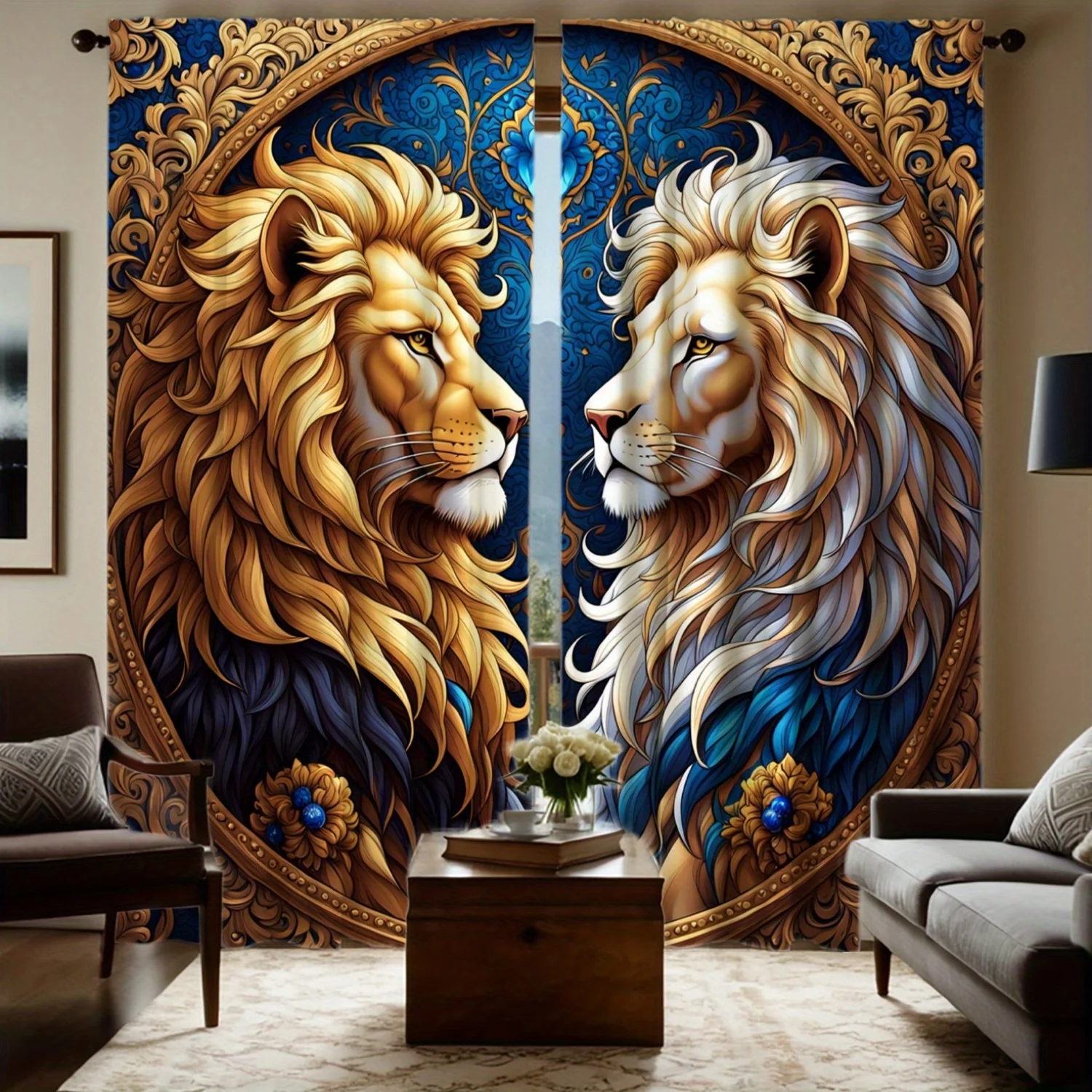 Golden Lion Blackout Curtains 2pcs, Blue Background with Gold Accents Semi-Transparent Polyester for Living Room Bedroom Decor