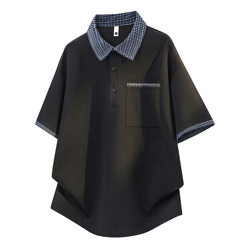 Men’s Checked Trim Polo Shirt with Contrasting Checked Trim on The Collar Cuffs and Pockets in A Korean Street Style