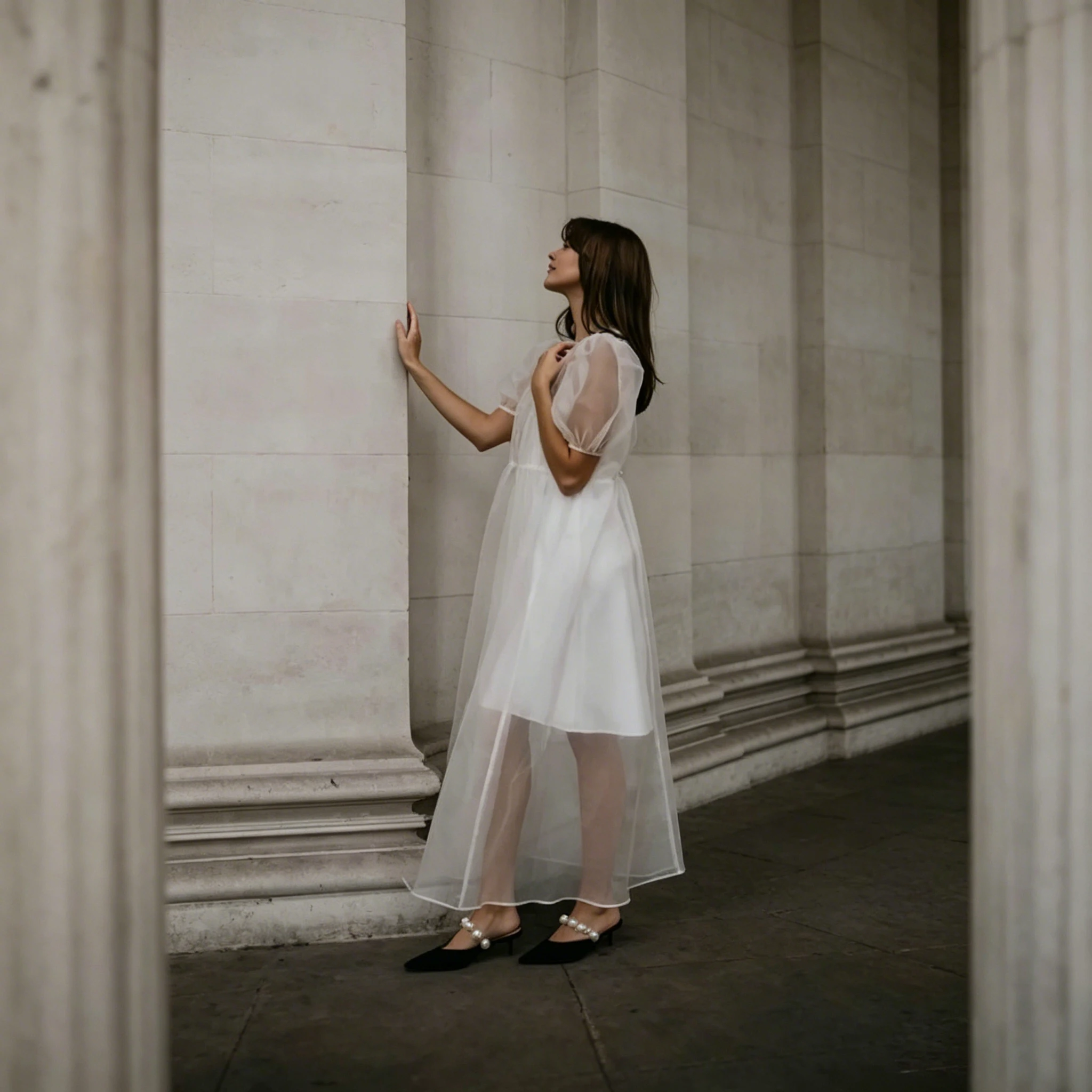 Organza Puff Sleeve White Midi Bridal Dress Backless Satin Slip V Neck Civil Registry Elopement City Hall Wedding Photo Gown image 5