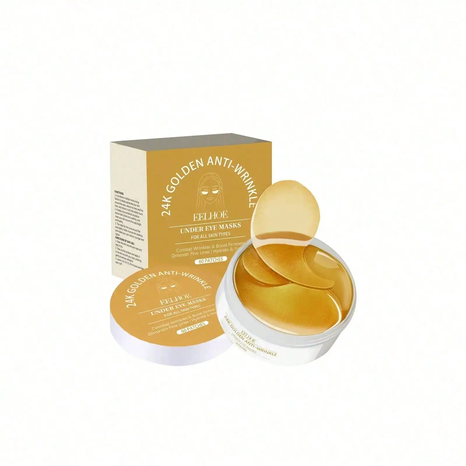 24K Gold Eye Mask, 60 Count Luxury Under Eye Patches, Deep Hydrating Eye Skin Care, Helps Improve the Appearance of Dark Circles, Eye Puffiness and Fine Lines, Refines Under-Eye Skin Texture