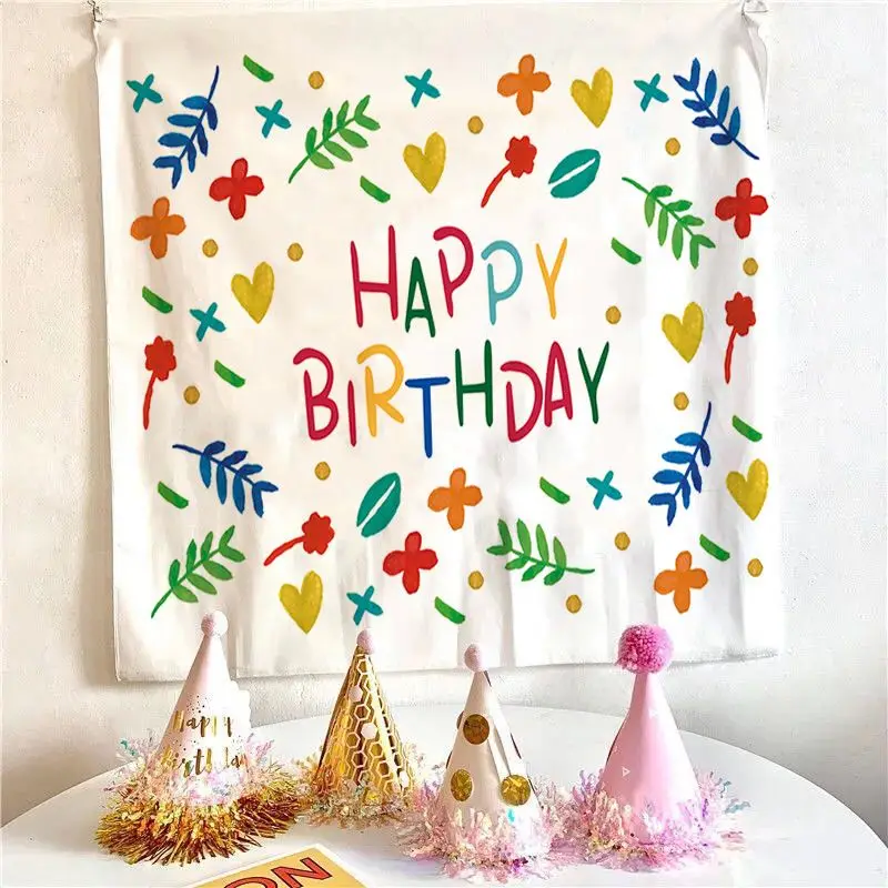 VIKAMA Cartoon Cake Candles Birthday Tapestry, Color Strips Happy Birthday Wall Hanging for Bedroom Living Room Decor