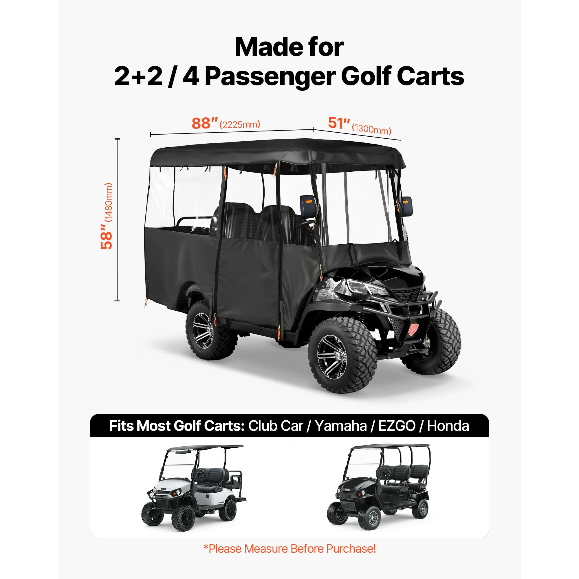 SucceBuy Golf Cart Cover Visible Full-Enclosure 2+2/4 Passenger Golf Cart Fits Most Carts Club Car Yamaha EZGO Honda PVC Coating