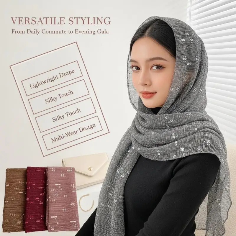 Glitter Sequin Muslim Hijab Holographic Shiny Lightweight Headscarf Comfortable Islamic Head Cover for Religious Gatherings