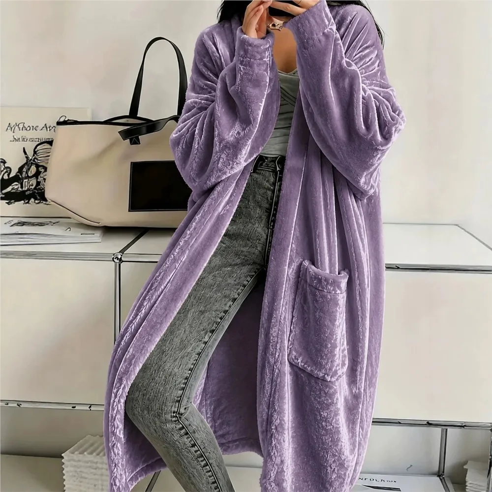 Autumn Winter Solid Color Velvet Cardigan Long Coat Women's Long Sleeve Casual Loose Versatile Homew Coats Jackets Female Street