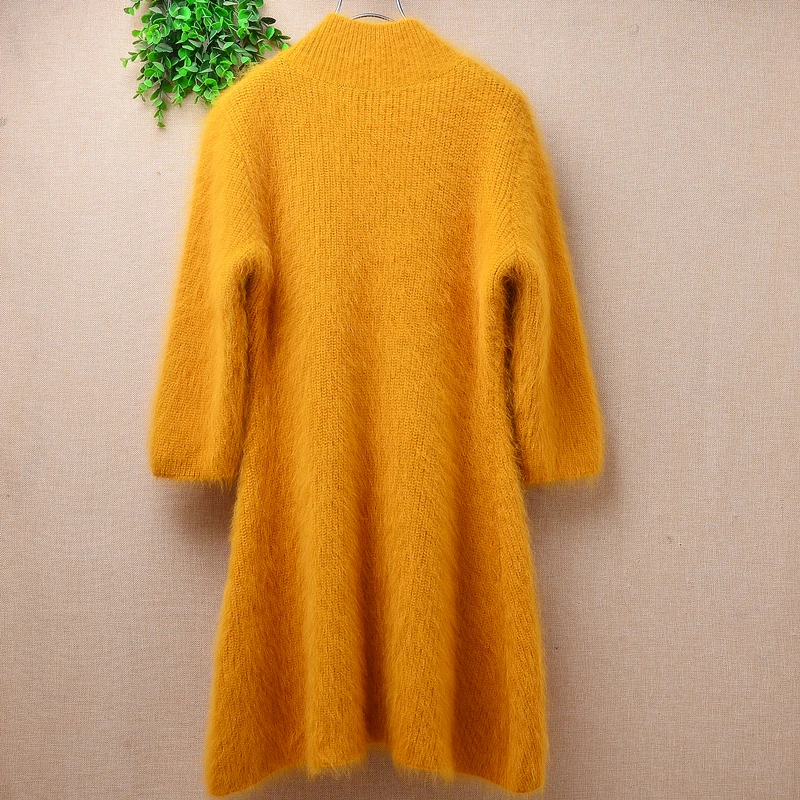 Ladies Women Autumn Winter Clothing Angora Rabbit Hair Knitted jersey Half Sleeves O-Neck Slim Blouses Pullover Sweater Dress