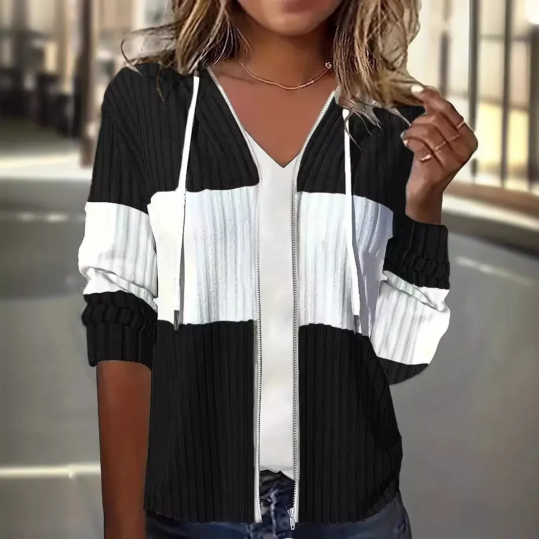 Chic Women's Color Block Hooded Zip Up Cardigan Ribbed Knit Slim Fit Jackets Long Sleeve Drawstring Casual Streetwear Outerwear