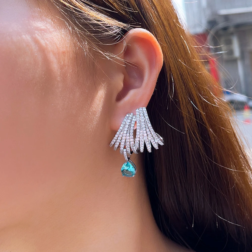 BeaQueen Fan Shape Full Pave CZ Light Blue Zircon Drop Earrings Luxury Statement Earrings Women Wedding Banquet Jewelry E752