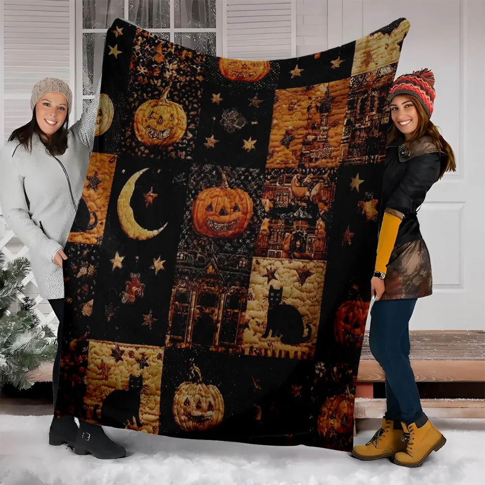 1 Piece Dark Retro Halloween Patchwork Printed Blanket Pumpkin Moon Black Cat All-Season Sofa Nap Blanket