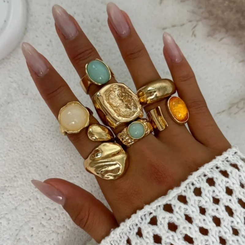 7Pcs Set Lava Liquid Metal Asymmetrical Flow Hammered Texture Vintage Bohemian Style Rings Suitable for Parties Gifts Daily Wear