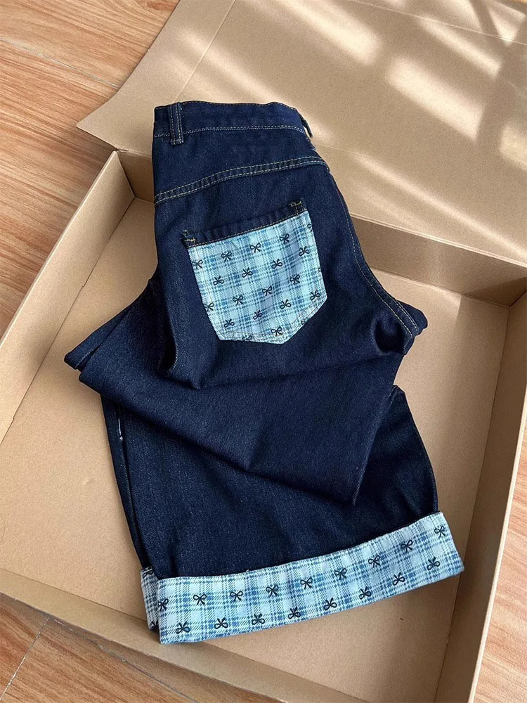 Calças Jeans de Cintura Alta com Pernas Largas para Mulheres, Calças de Denim com Patchwork de Borboleta, Corte Solto e Reto,...