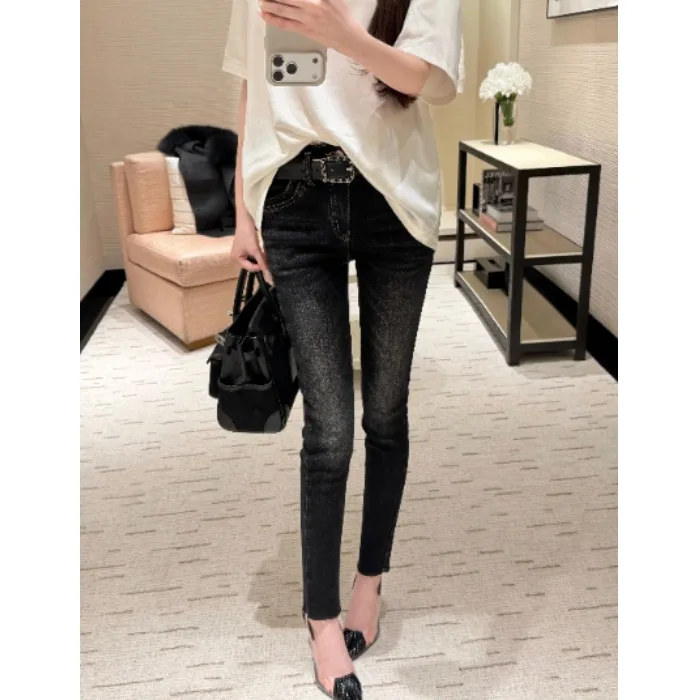 Retro Korean Style Stretchy Slim Fit Nine Inch Cuffed Jeans High Elasticity Comfortable Cotton Polyester Blend Daily Wear